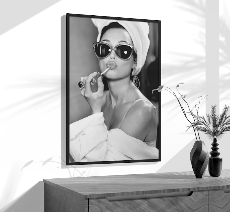audrey hepburn, poster, wall art, lipstick print, black and white, vintage photo, audrey hepburn print, old hollywood decor, feminist print, fashion wall art, fashion print, wall decor, vintage poster