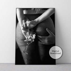 Romance In The Bar Print, Black and White, Woman Drinking Wine Poster, Sexy Wall Art, Bar Cart Print, Teen Girl Room Decor, Romantic Couple