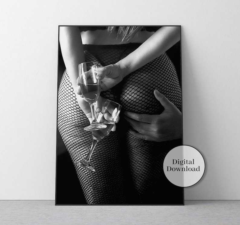 Romance In The Bar Print, Black and White, Woman Drinking Wine Poster, Sexy Wall Art, Bar Cart Print, Teen Girl Room Decor, Romantic Couple