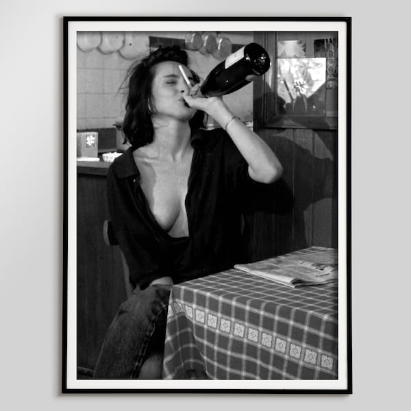 Woman Drinking Champagne Print, Feminist Poster, Black and White, Bar Cart Decor, Teen Girl Room Decor, Feminine Wall Art, Digital Download