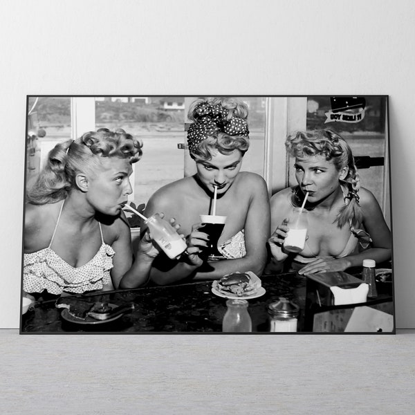 Women in Bikini Eating Lunch in Restaurant Print, Circa 1950s, Black and White, Vintage Home Decor, Kitchen Wall Art, Dining Room Wall Decor