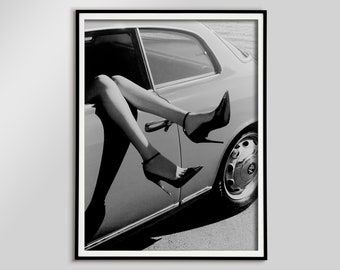 High Heels in Car Poster, Black And White, Fashion Photography, Feminist Print, Digital Download, Printable Wall Art, Teen Girl Room Decor