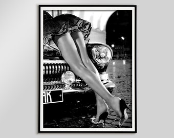 Sexy Legs on Classic Car Poster, Black and White, Fashion Photography, Luxury Print, Vintage Wall Art, Feminist Poster, Teen Girl Room Decor