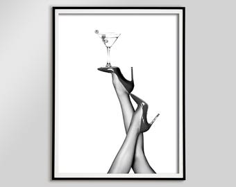 Retro High Heels Cocktail Poster, trendige Hausbar Zeichen digitaler Download, Frauen Wein Kunst, BFF Geschenk, Küche Wand Dekor, Martini Kunstdruck