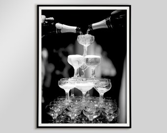Champagne Flute Tower Glasses Print, Bar Cart Wall Art, Black and White, Cocktail Print, Vintage Bar Decor, Alcohol Poster, Digital Download