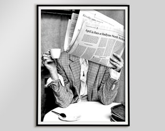 Woman Reading Newspaper, Coffee Shop Print, Vintage Photography (Digital Download)