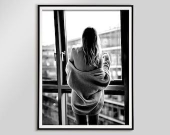 Woman in Window Black and White Art Print, Fashion Photography (Digital Download)