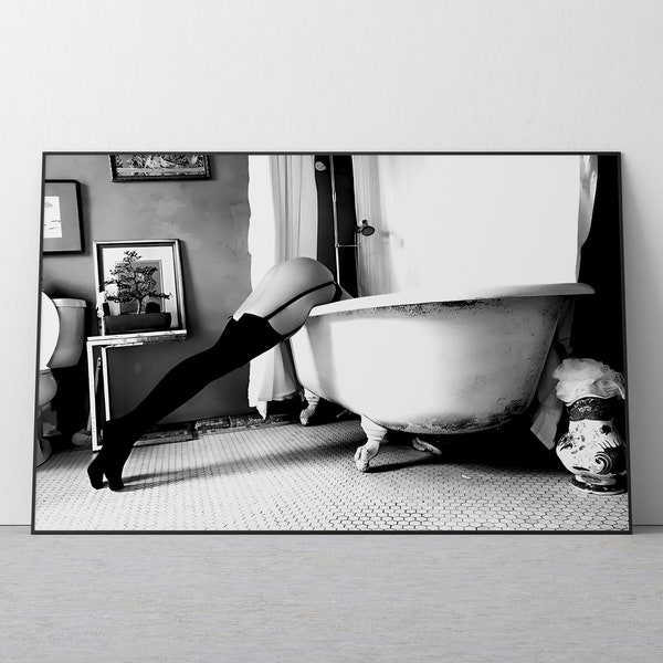 woman in bathtub, bathtub print, head over heals, black and white, feminist poster, bathroom wall art, fashion print, teen girl room decor