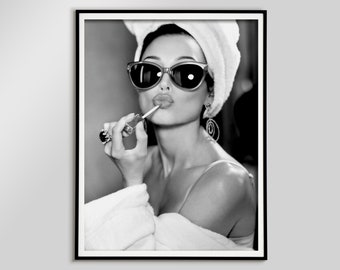Audrey Hepburn Lipstick Print, Vintage Black and White Photo (Digital Download)