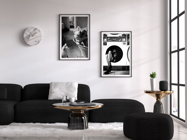 Woman Drinking Wine in Washing Machine Print, Black and White, Feminist Poster, Funny Wall Art, Vintage Laundry Poster, Printable Room Decor