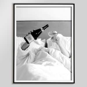 Woman Drinking Rose Wine in Bed Print, Black and White, Cocktail Poster, Alcohol Wall Art, Bar Poster, Bar Cart Wall Decor, Digital Download