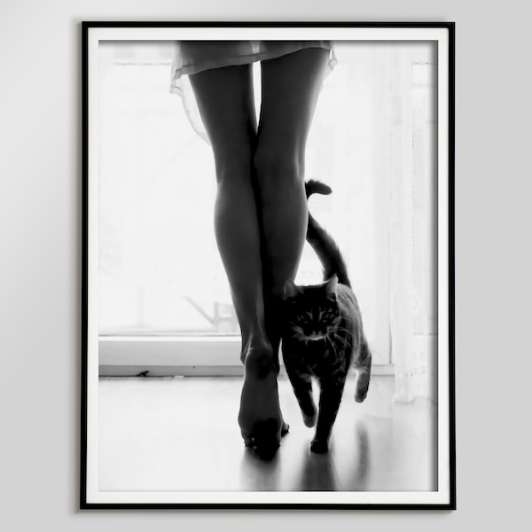 Legs and Cat Print, Black and White Wall Art, Vintage Photography, Fashion Poster, Teen Girl Room Decor, Bedroom Wall Art, Instant Download