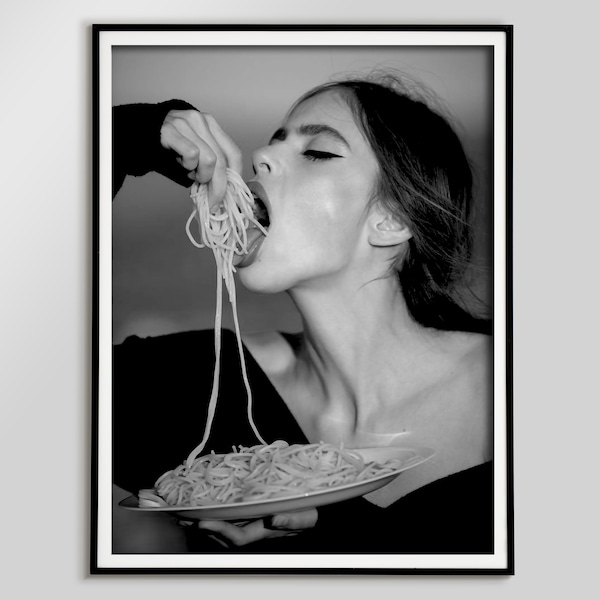 Italian Woman Eating Spaghetti Poster, Black and White, Vintage Photo, Kitchen Print, Pasta Poster, Dining Room Wall Art, Restaurant Decor