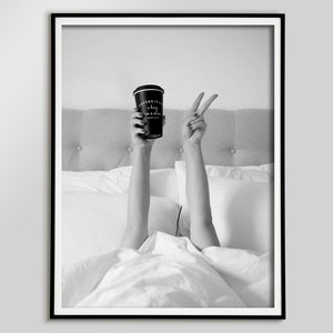 woman drinking print, coffee in bed, coffee print, black and white, coffee poster, kitchen wall art, dining room print, coffee shop decor