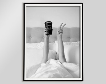 woman drinking print, coffee in bed, coffee print, black and white, coffee poster, kitchen wall art, dining room print, coffee shop decor