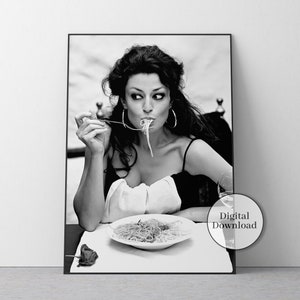 Italian Woman Eating Spaghetti Poster Black and White Vintage Photo Pasta Print Dining Room Decor Printable Wall Art Kitchen Wall Decor