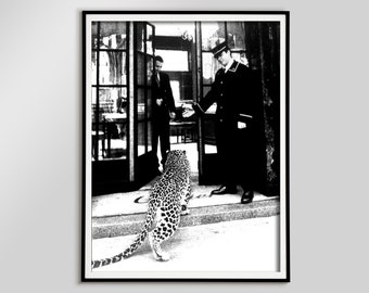 Panther in Restaurant, 1950s Black and White Vintage Photo Print (Digital Download)