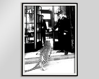 Panther in Restaurant Print, 1950 Black and White, Vintage Poster, Photo Print, Wall Art, Digital Download, Cafe Decor, Vintage Animal Photo