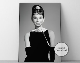 Audrey Hepburn Print, Black and White Movie Poster, Vintage Hollywood Wall Art, Old Hollywood Decor, Digital Download, Classic Film Poster