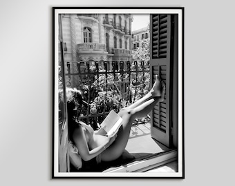 Woman Reading Book Print, Black and White Vintage Photography (Digital Download)