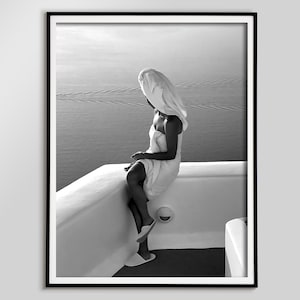 Woman in Boat Print, Luxury Fashion Poster, Black and White, Beach Photography,  Hypebeast Wall Art, Girls Bathroom Decor, Digital Download