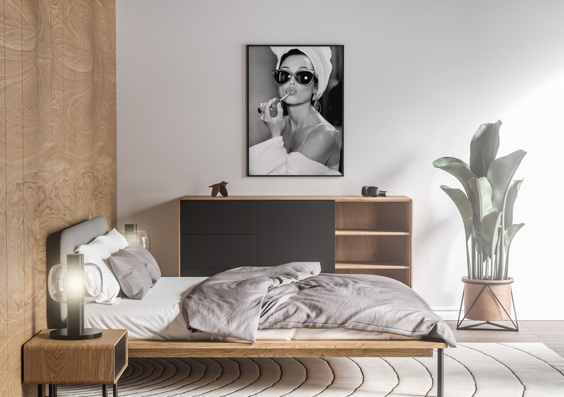 audrey hepburn, poster, wall art, lipstick print, black and white, vintage photo, audrey hepburn print, old hollywood decor, feminist print, fashion wall art, fashion print, wall decor, vintage poster
