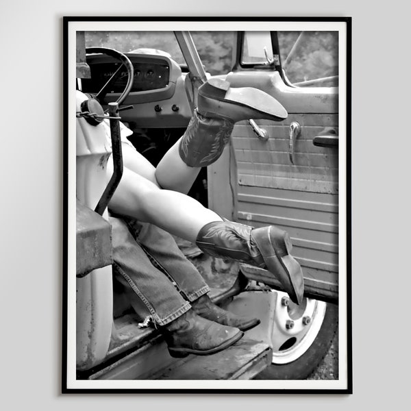 Cowgirl Romance in the Car Print, Black and White, Retro Western Print, Vintage Photography, Romantic Bedroom Wall Decor, Digital Download