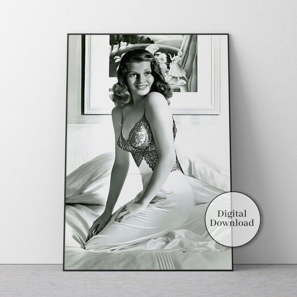 Affiche de Rita Hayworth, noir et blanc, décoration ancienne d'Hollywood, impression de Rita Hayworth, film classique, impression de mode, photographie vintage, art mural