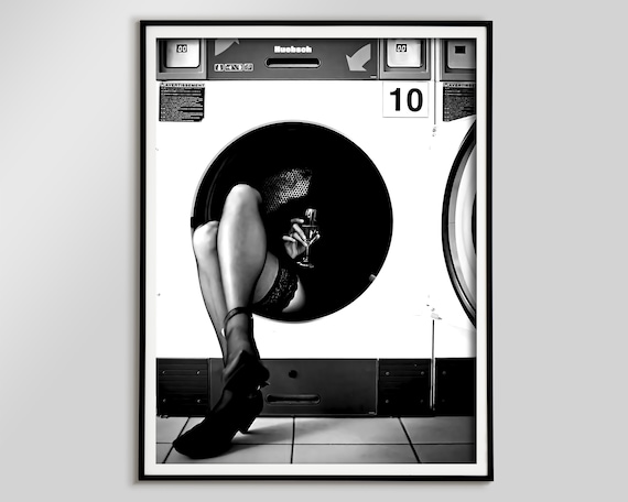 Woman Drinking Wine in Washing Machine Print, Black and White, Feminist Poster, Funny Wall Art, Vintage Laundry Poster, Printable Room Decor