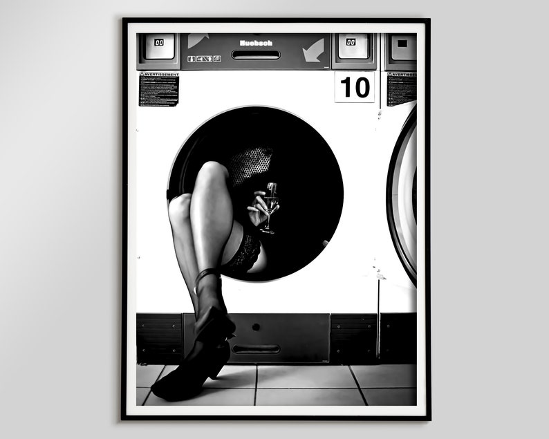 Woman Drinking Wine in Washing Machine Print, Black and White, Feminist Poster, Funny Wall Art, Vintage Laundry Poster, Printable Room Decor