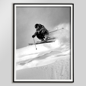 Vintage Man Ski on Mountain Poster, Black and White Print, Skiing Wall Art, Summer Poster, Ski Lodge Decor, Printable Art, Instant Download