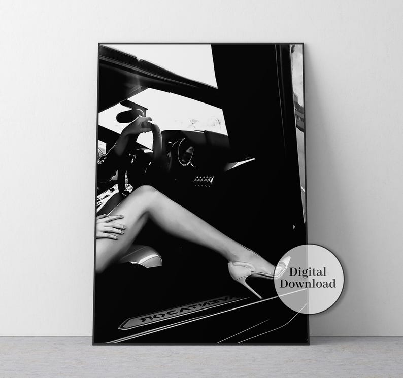 High Heels in Car Print, Luxury Fashion Poster, Black and White