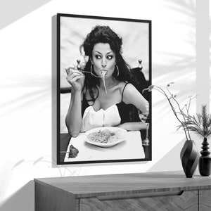 Italian Woman Eating Spaghetti Print, Pasta Poster, Black and White, Vintage Photo, Kitchen Wall Art, Restaurant Decor, Digital Download
