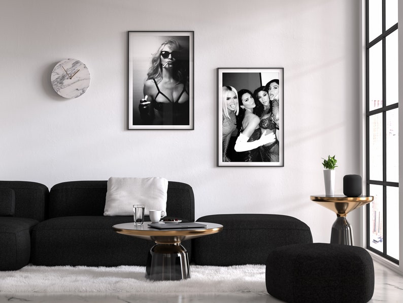 Khloe Kardashian With Kourtney Kardashian And Kendall Jenner Poster, Black and White, Fashion Print, Room Decor, Glam Wall Art, Vanity Decor