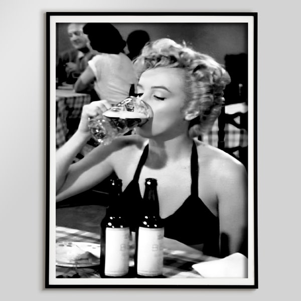 Vintage Marilyn Monroe Beer Print - Schwarz und Weiß - Feministische Bar Cart Art - Küche Esszimmer Dekor