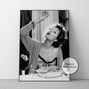 Cartaz de mulher italiana comendo espaguete, preto e branco, impressão de macarrão, pôster de comida vintage, decoração de restaurante, pôster de macarrão, decoração de parede de cozinha