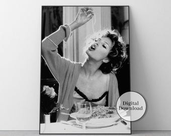 Italian Woman Eating Spaghetti Poster, Black and White, Pasta Print, Vintage Food Poster, Restaurant Decor, Pasta Poster, Kitchen Wall Decor