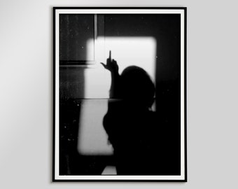 Shadow of Woman Middle Finger Poster, Black and White, Feminist Print, Teen Girls Bedroom Wall Art, Aesthetic Room Decor, Digital Download