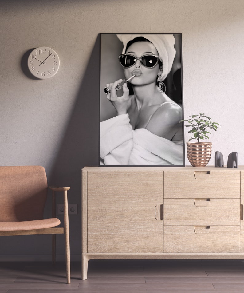 audrey hepburn, poster, wall art, lipstick print, black and white, vintage photo, audrey hepburn print, old hollywood decor, feminist print, fashion wall art, fashion print, wall decor, vintage poster