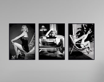 set of 3, marilyn monroe print, black and white, vintage poster, marilyn monroe, old hollywood decor, teen girl wall art, fashion photograph