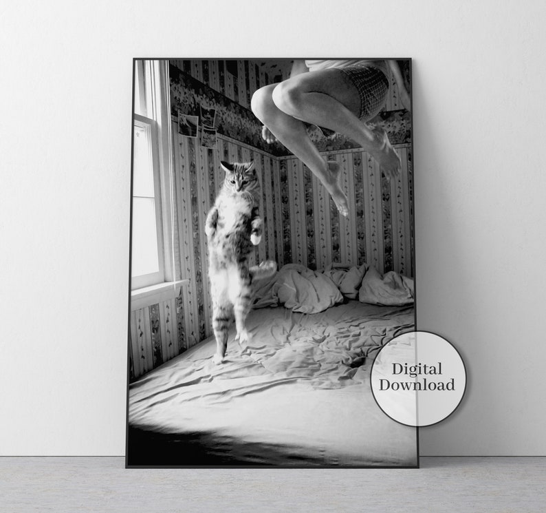 Woman and Cat Jumping on the Bed Print Black and White Etsy