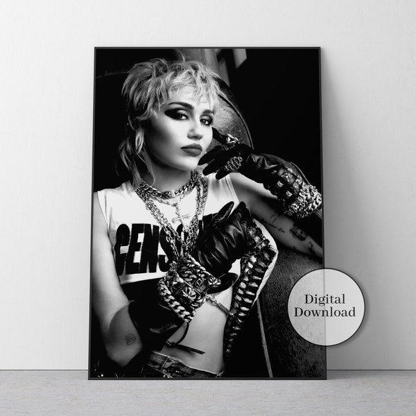 Miley Cyrus Poster, Black and White, Feminist Print, Music Studio Decor, Vintage Photography, Fashion Poster, Miley Cyrus Print, Wall Art