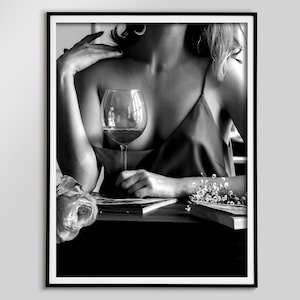 赤ワインを飲む女性のプリント、白黒、ファッションポスター、バーカートプリント、アルコールウォールアート、十代の女の子の寝室の装飾、ワインウォールアート