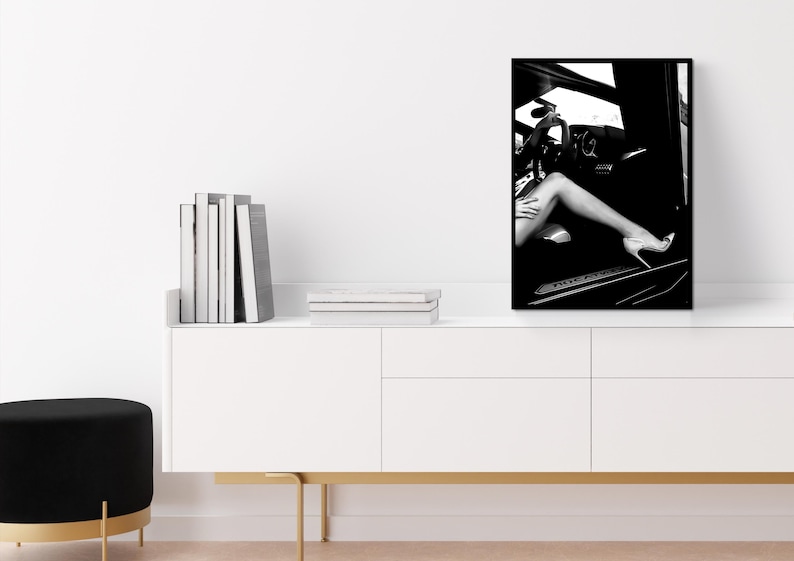 High Heels in Car Print, Luxury Fashion Poster, Black and White