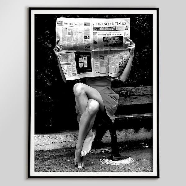 Mujeres leyendo periódico impreso, blanco y negro, fotografía vintage, cartel feminista, arte de pared de niña adolescente, impresiones de dormitorio, descarga digital