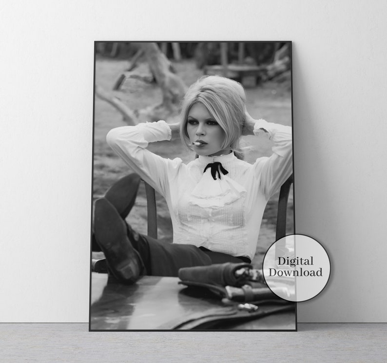 Vintage Brigitte Bardot Smoking Cigarette Poster, Black and White, Feminist Print, Fashion Photography, Teen Girl Room Decor, Girly Wall Art