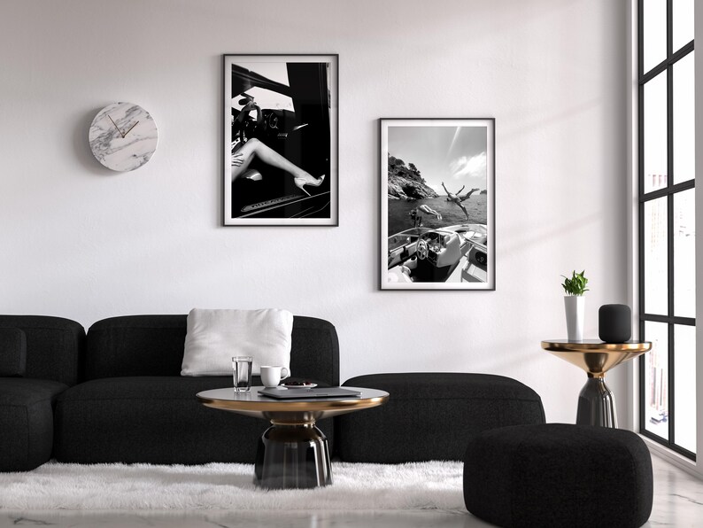 High Heels in Car Print, Luxury Fashion Poster, Black and White