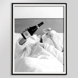 Woman Drinking Rose Wine in Bed Print, Black and White, Cocktail Poster, Alcohol Wall Art, Bar Poster, Bar Cart Wall Decor, Digital Download