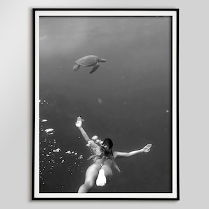 Woman Swimming Underwater Print, Black and White, Sea Photography, Girls Bathroom Decor, Summer poster, Beachy Room Decor, Bedroom Wall Art