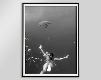 Underwater Swimming Woman, Sea Turtle, Black and White Photography (Digital Download)